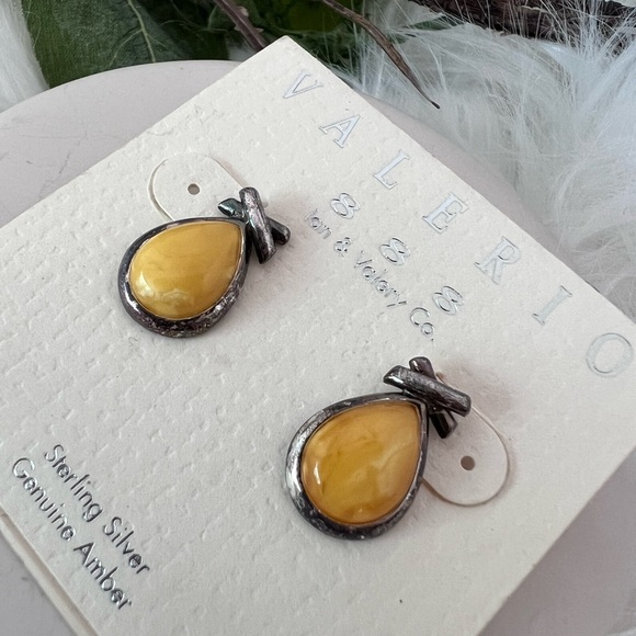 Sterling Silver and Genuine Amber Yellow Teardrop Earrings - Picture 4 of 6
